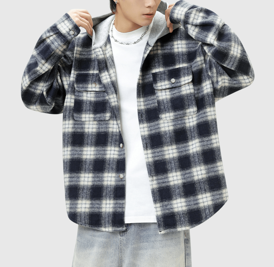 復古雙前袋格仔紋理 撞色連帽長袖外套 [SBO-1407]