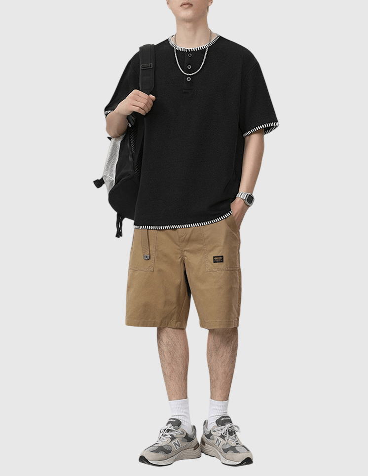 復古撞色手工縫線設計 亨利領短袖 T-Shirt [SBT-1563]