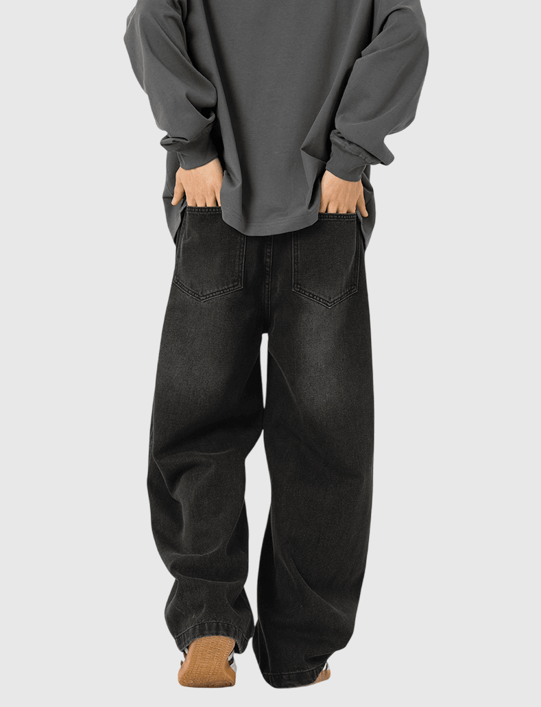 復古洗水立體縫線設計 闊腳牛仔直筒長褲 [SBP-1189]