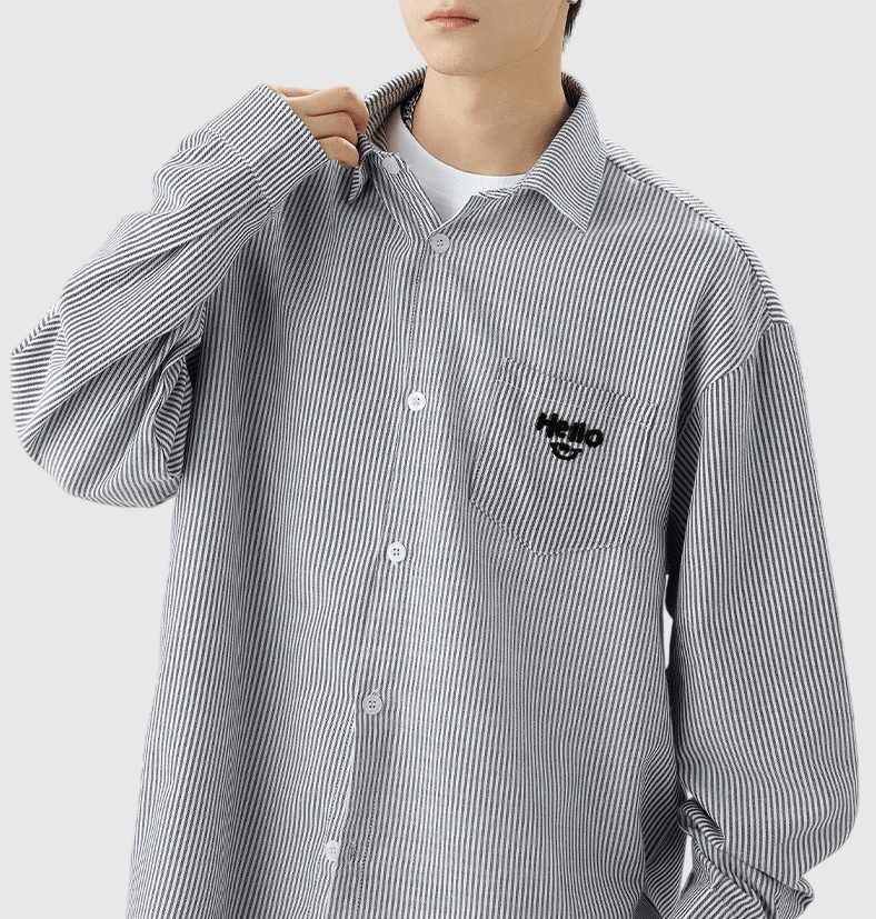 日系垂直條紋紋理前袋立體文字刺繡 輕身透氣長袖恤衫 [SBS-1188]