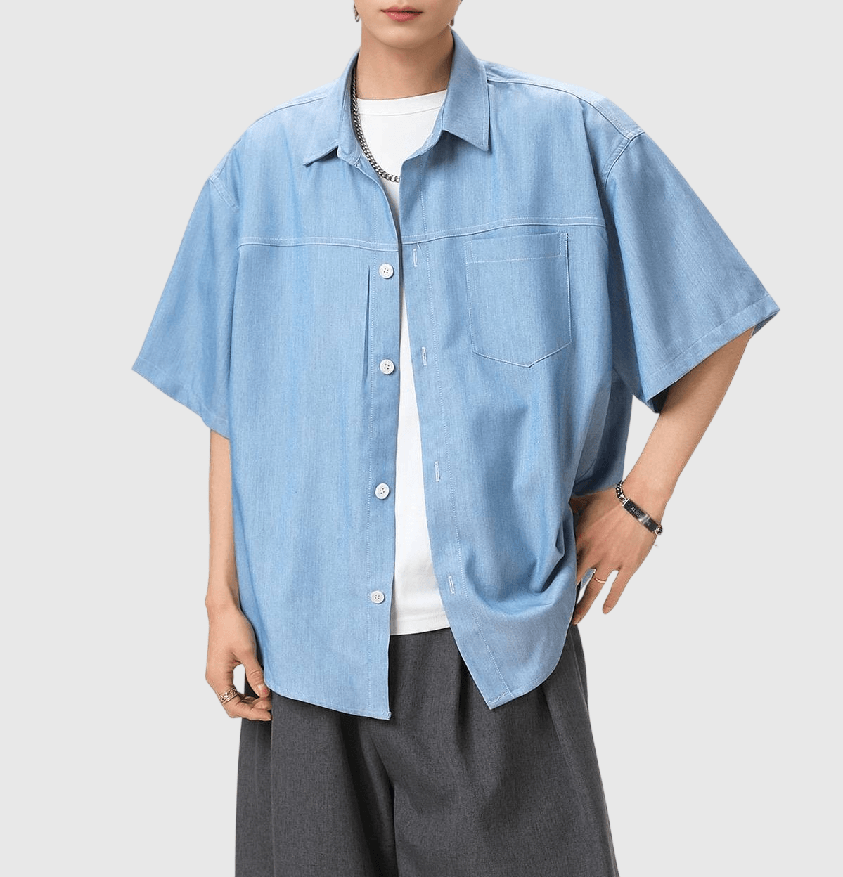 日系水洗撞色輯明線工裝 垂感透氣牛仔短袖恤衫 [SBS-1387]