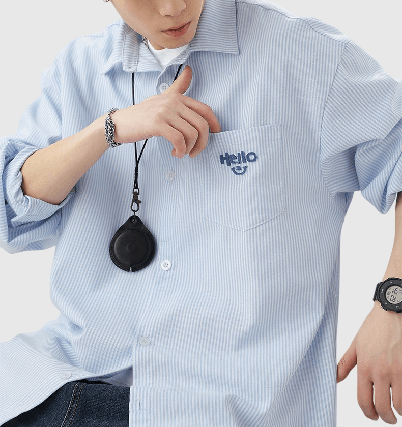 日系垂直條紋紋理前袋立體文字刺繡 輕身透氣長袖恤衫 [SBS-1188]