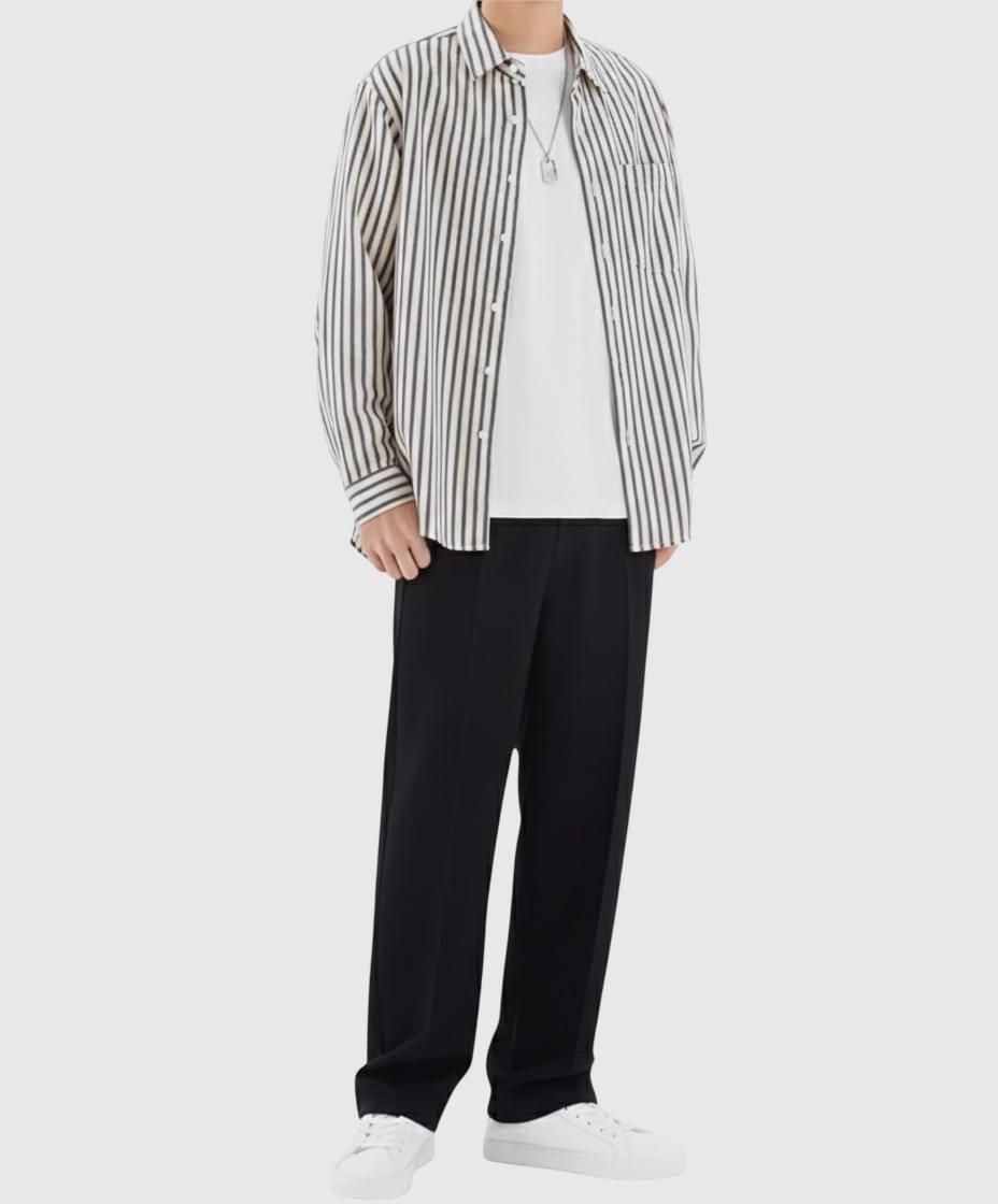 日系基礎垂直條紋紋理色織 長袖恤衫 [SBS-1386]