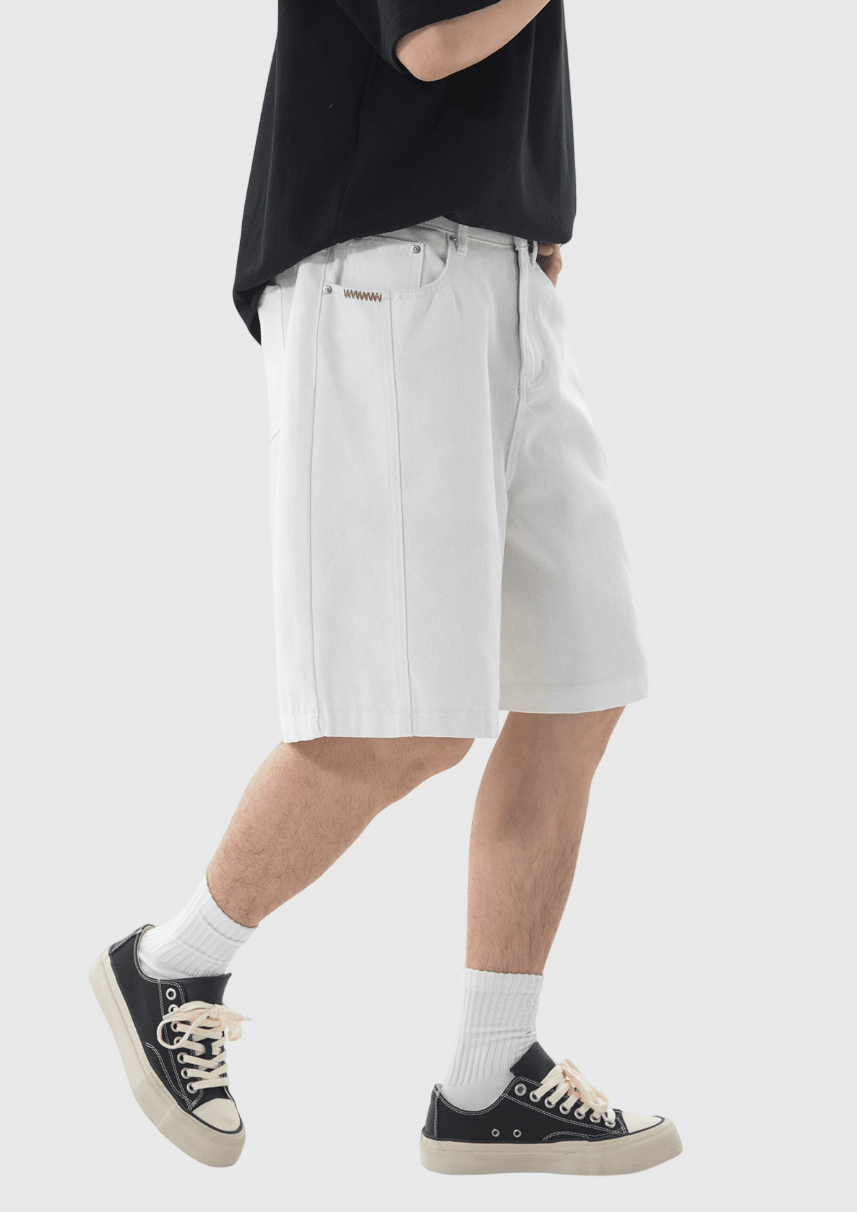 日系基礎撞色縫線刺繡設計 牛仔布短褲 [SBST-1156]