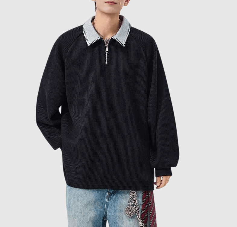 日系領口撞色縫線設計 半拉鍊長袖 POLO T-Shirt [SBT-1473]