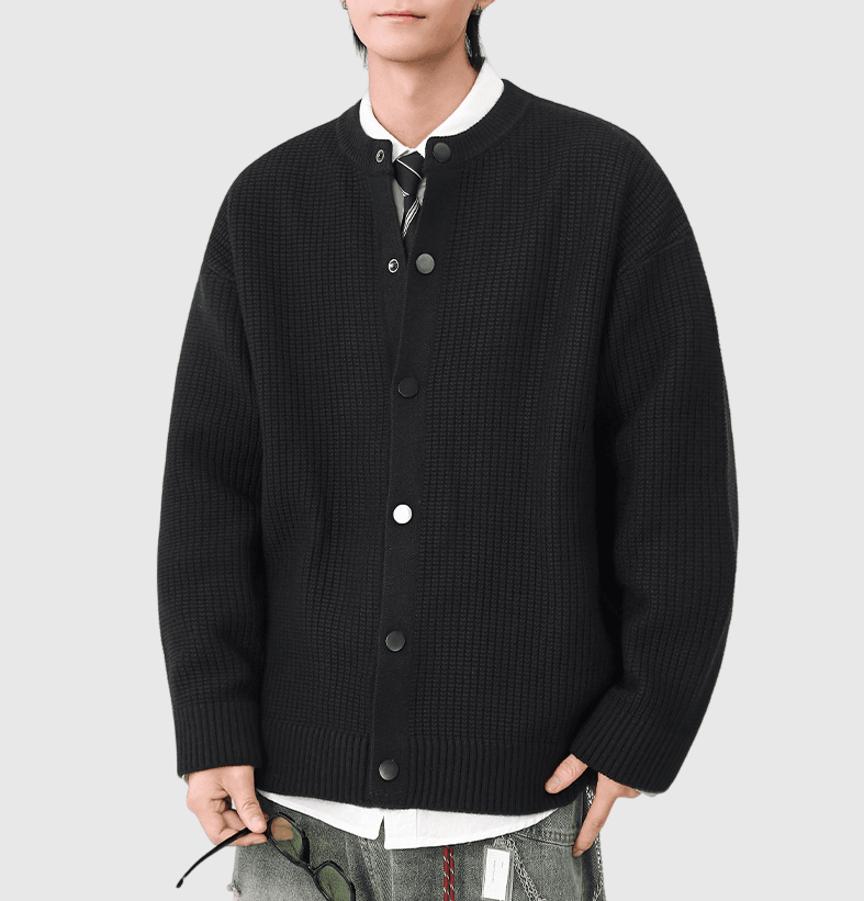 日系立體粗線紗織紋理 針織圓領開胸外套 [SBO-1462]