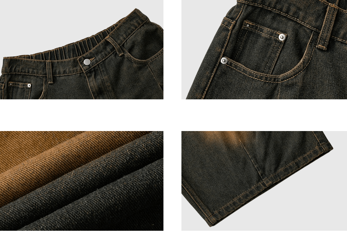 復古基礎洗水立體褶皺設計 闊腳七分牛仔短褲 [SBST-1148]