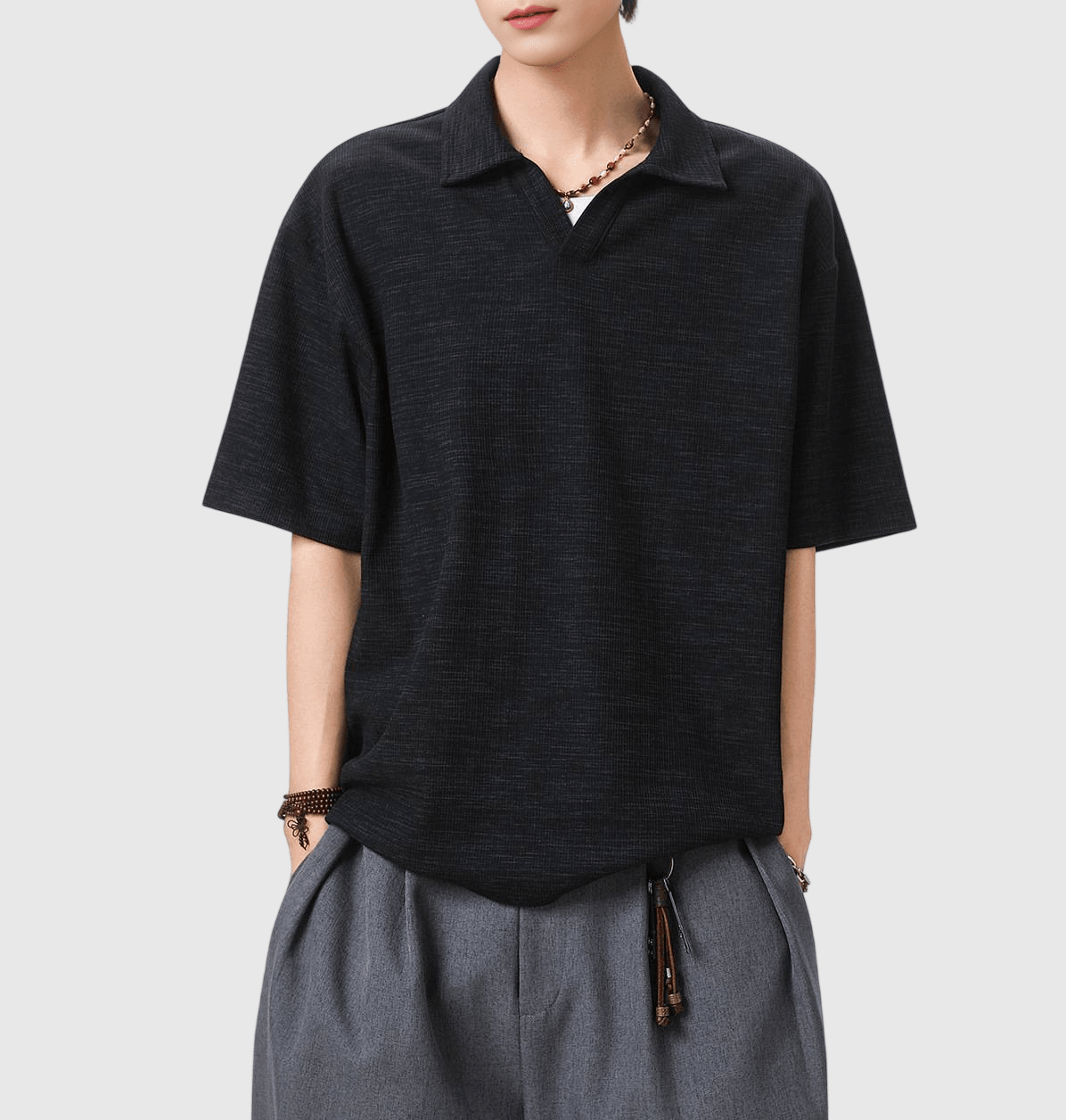 日系混色編織紋理設計 亨利領透氣短袖 T-Shirt [SBT-1551]