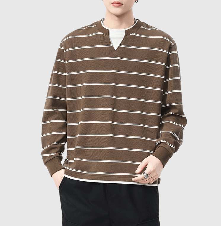 日系條紋撞色假兩件式設計 V 領長袖 T-Shirt [SBT-1462] 