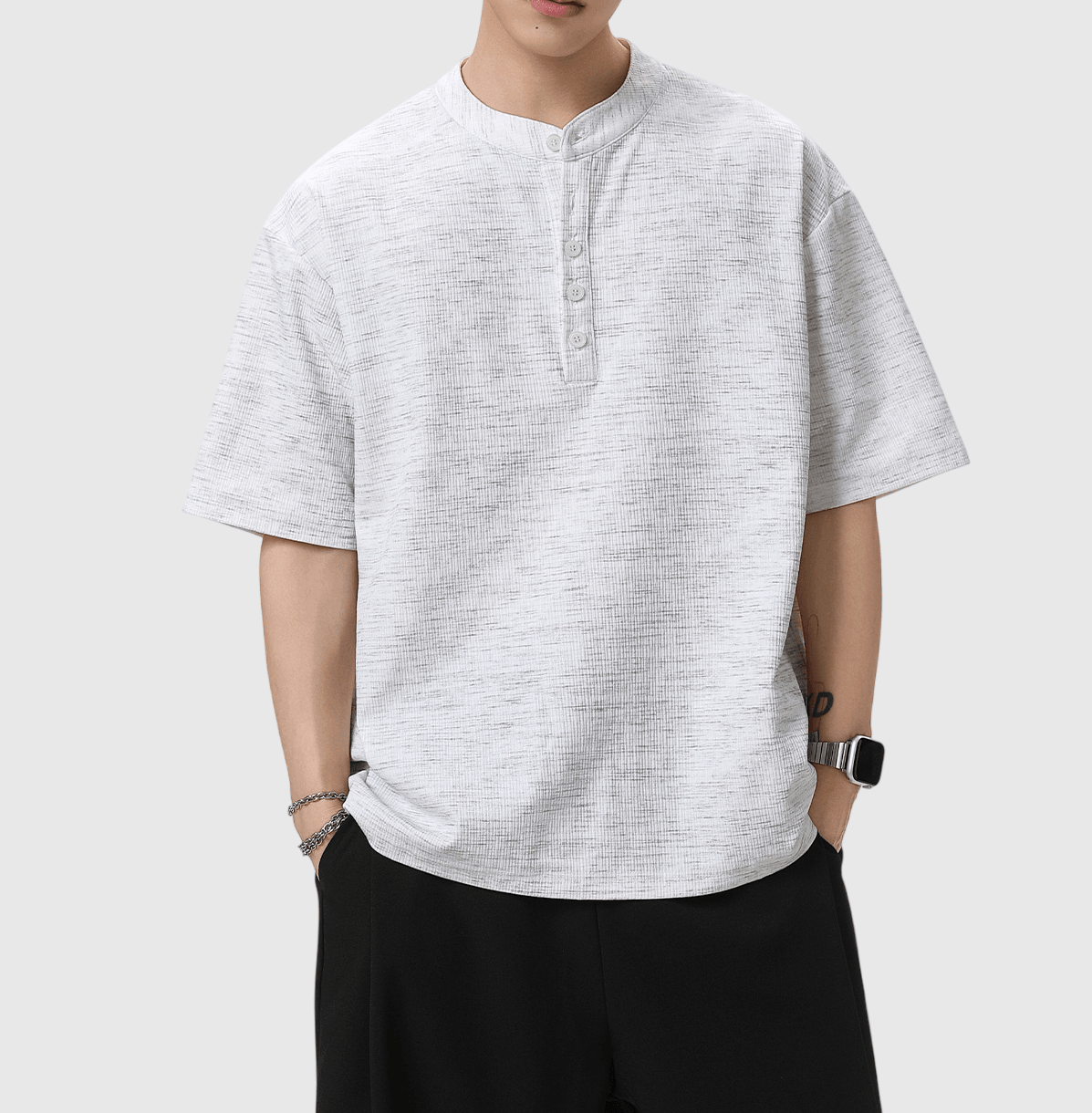 日系混色編織紋理設計 亨利領透氣短袖 T-Shirt [SBT-1552]