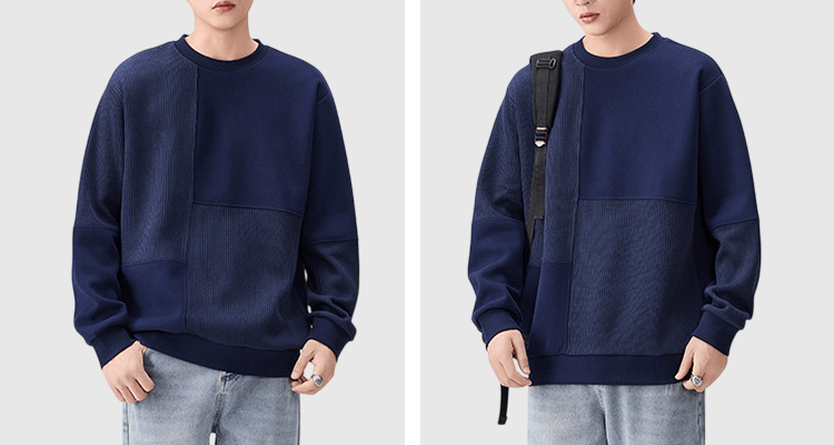 復古車縫色塊紋理拼布 圓領長袖衛衣 [SBH-1343]