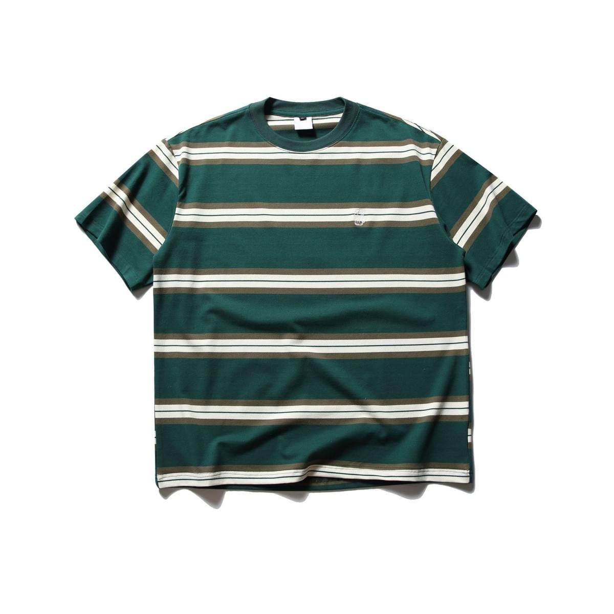 復古色系撞色條紋細啤酒刺繡 短袖 T-Shirt [SBT-1448]