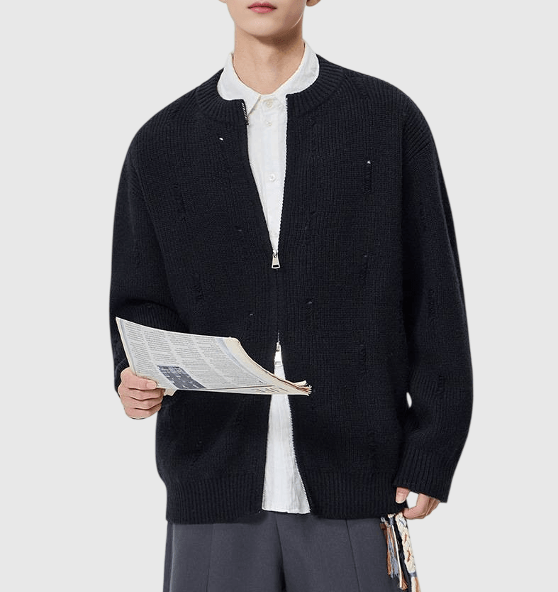 日系不規則破洞 針織圓領開胸外套 [SBO-1503]