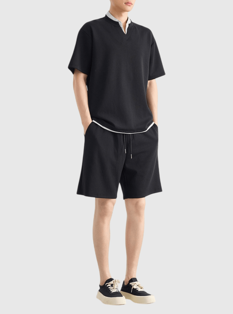 假式兩件結構恤衫條紋拼接 短袖 T-Shirt + 棉衛短褲 兩件套裝 [CBT-1574]