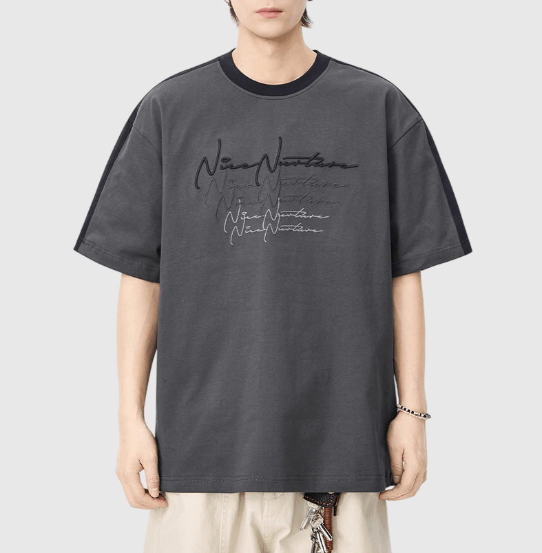 色系層次線條潦草文字刺繡設計 短袖 T-Shirt [SBT-1564]