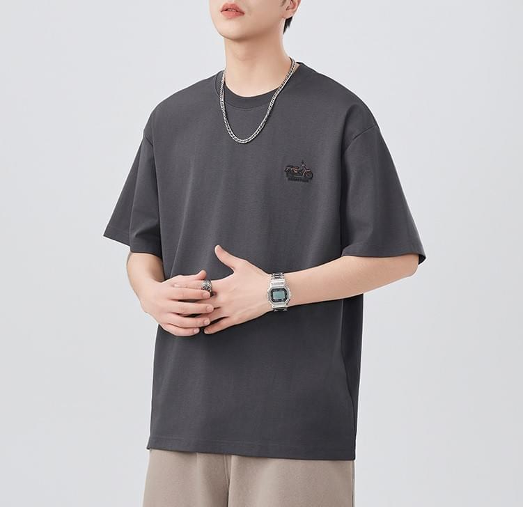 復古電單車細圖案刺繡 純棉短袖 T-Shirt [SBT-1430]