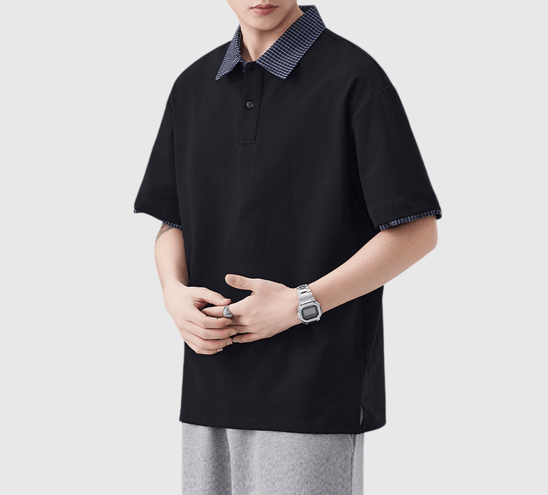 日系格紋假兩件式設計 短袖 POLO T-Shirt [SBT-1504]