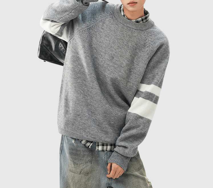 手袖層次撞色針織設計 圓領針織冷衫 [CBK-1038]