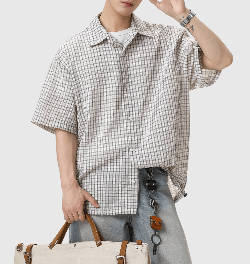 日系基礎細格仔皺褶紋理工藝 透氣短袖恤衫 [SBS-1394]