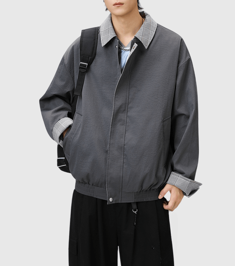 日系可拆卸領口色織格仔紋理 長袖風褸外套 [SBO-1448]