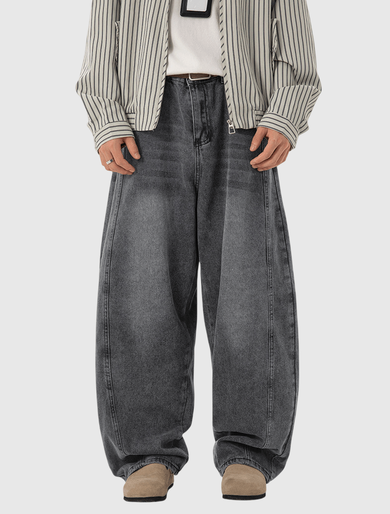 復古洗水立體縫線設計 闊腳牛仔直筒錐形長褲 [SBP-1189]