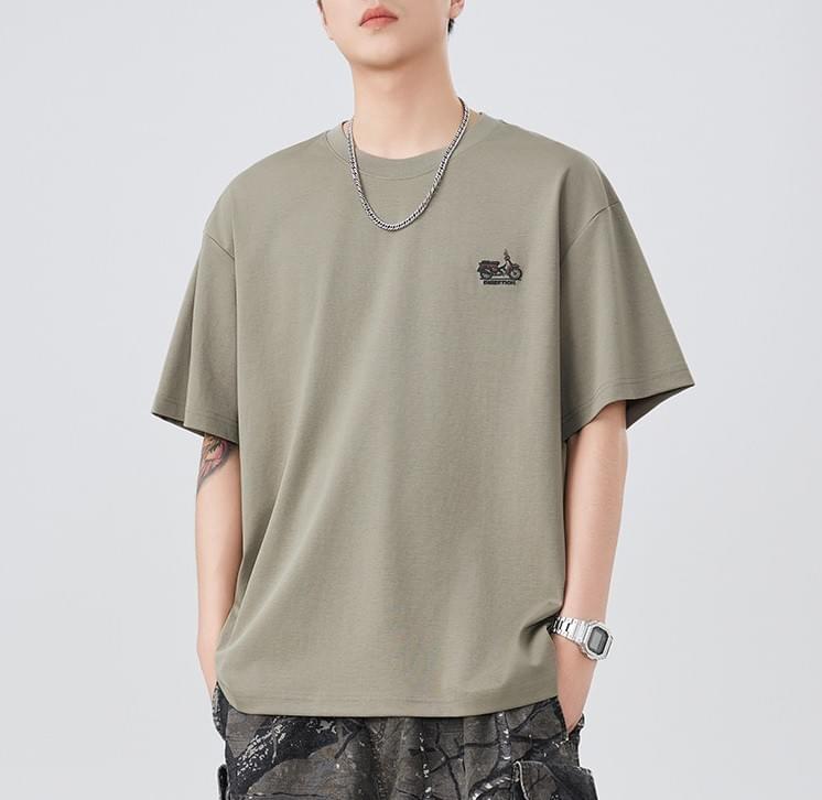 復古電單車細圖案刺繡 純棉短袖 T-Shirt [SBT-1430]