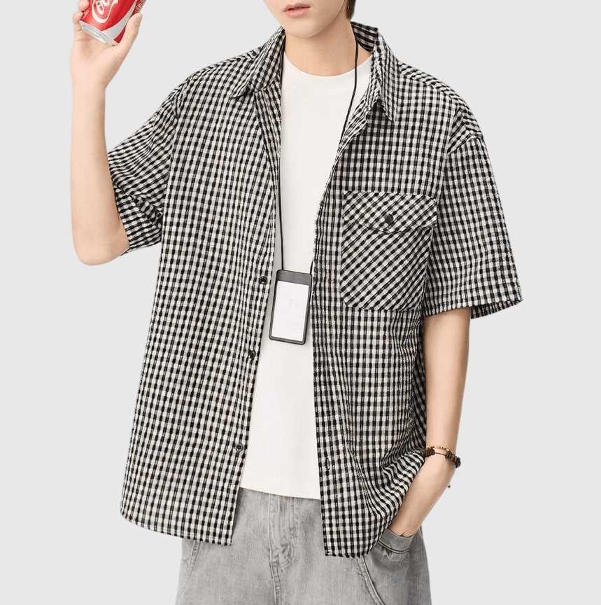 日系基礎細格仔色織工藝 透氣短袖恤衫 [SBS-1402]