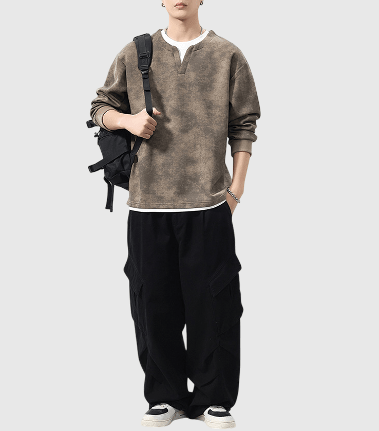 日系水洗紮染設計假兩件式 V 領重磅長袖 T-Shirt [SBT-1463] 
