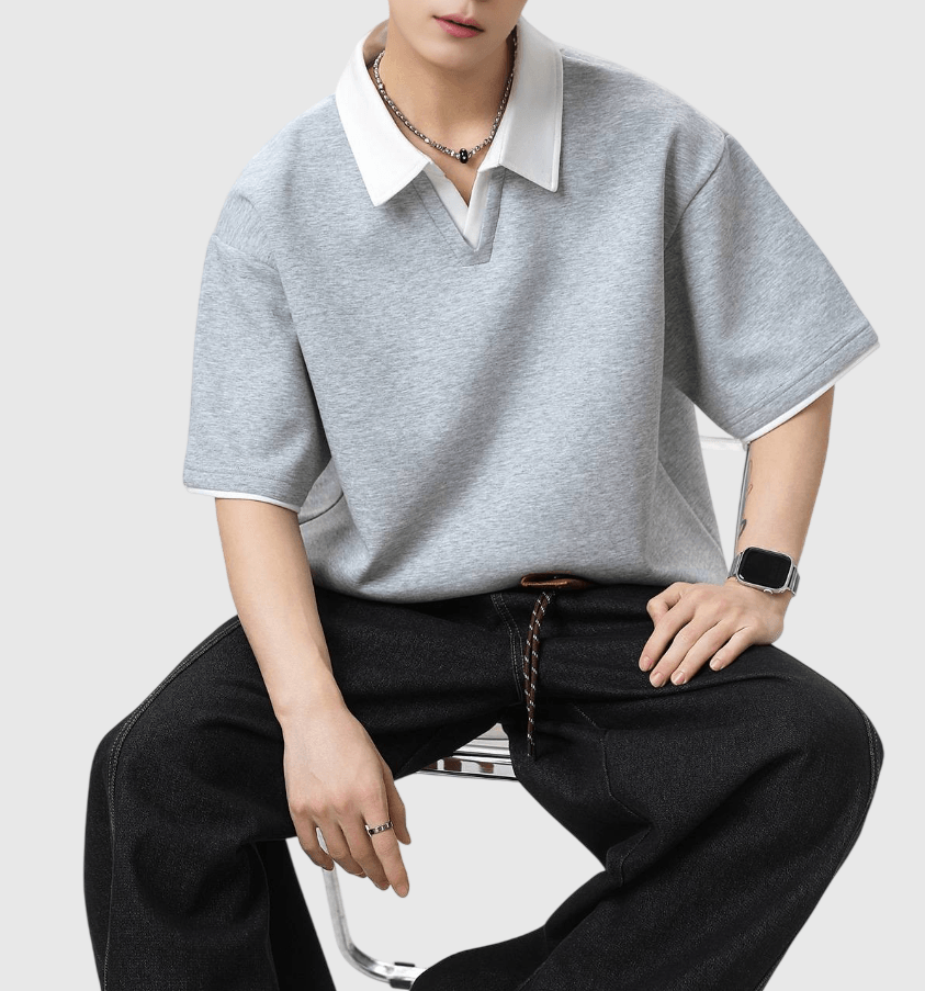 日系假兩件式縫線撞色 V 領設計 短袖 POLO T-Shirt [SBT-1503]