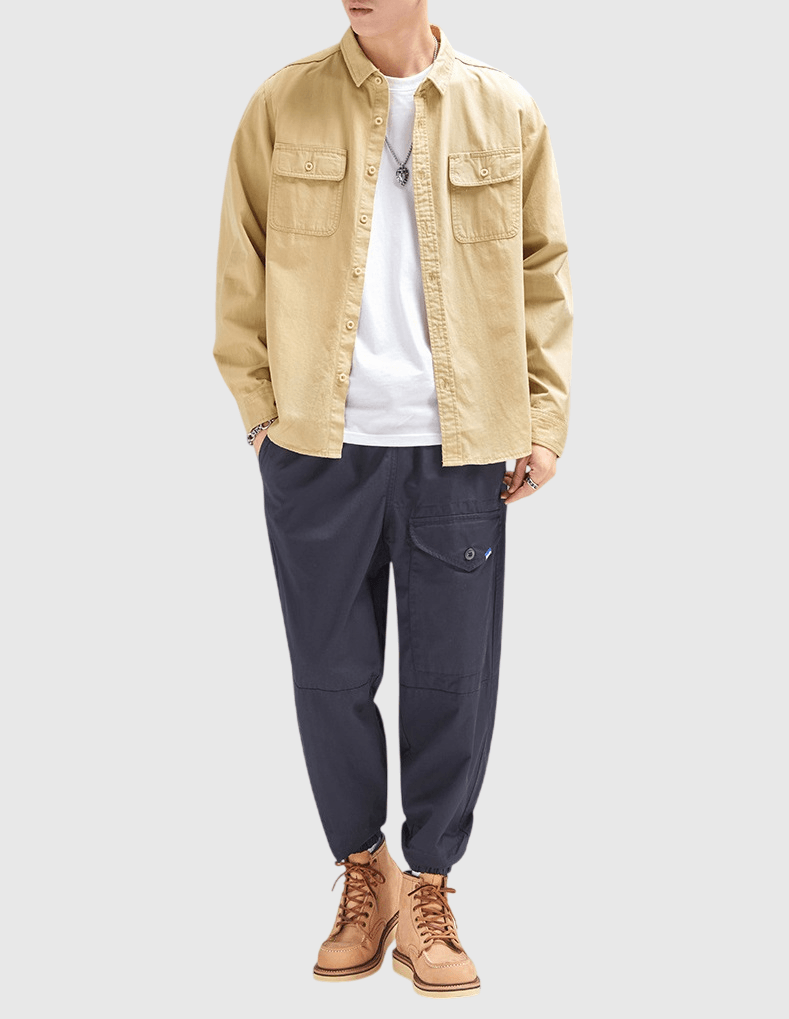 日系經典雙前袋鈕扣工裝 純棉長袖恤衫 [SBS-1074]