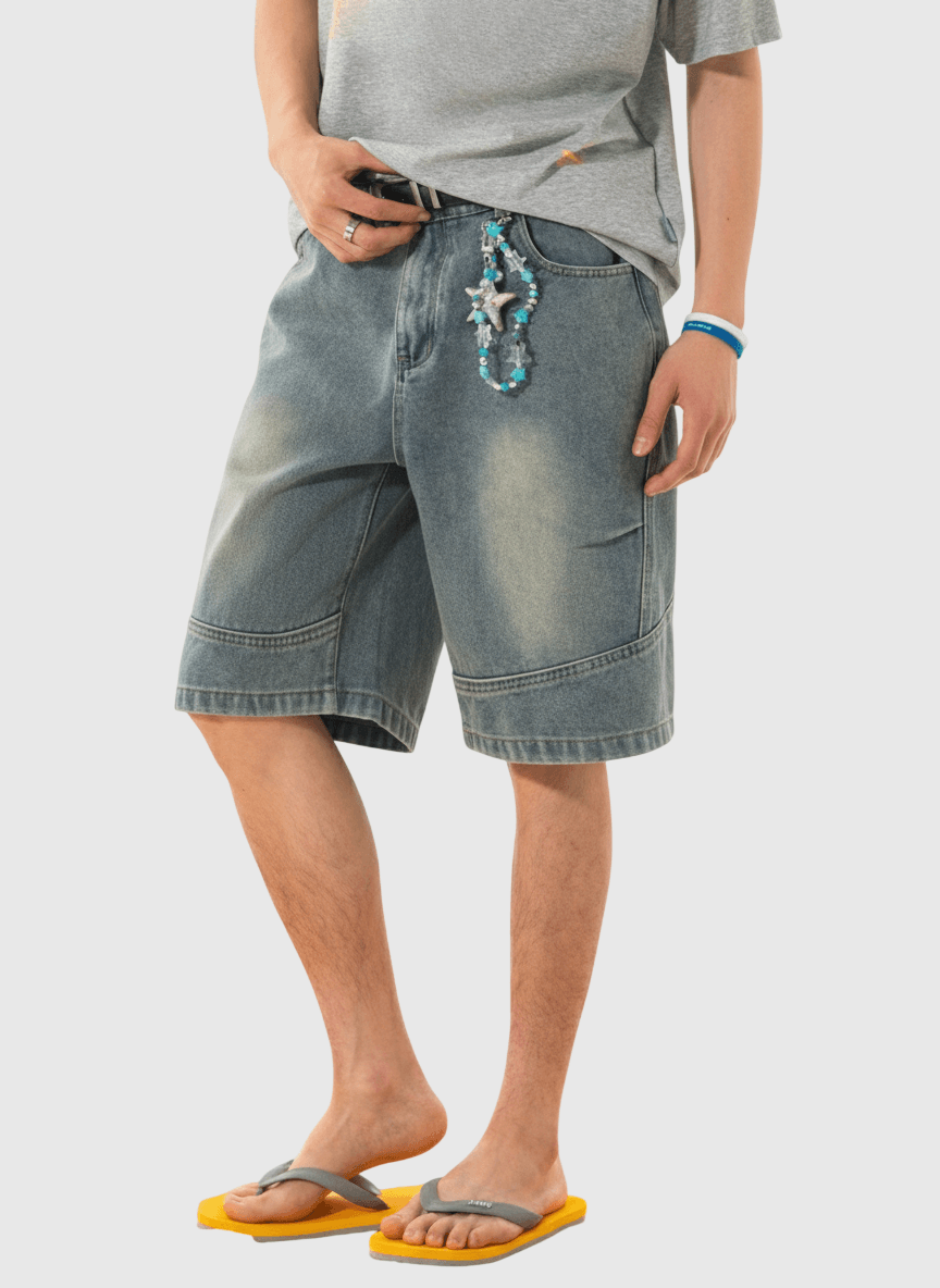 復古洗水立體分割縫線設計 牛仔短褲 [SBST-1153]