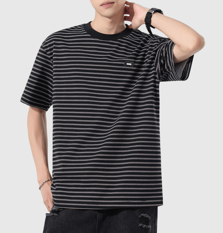 日系細標籤縫紉橫間條紋 短袖 T-Shirt [SBT-1547]