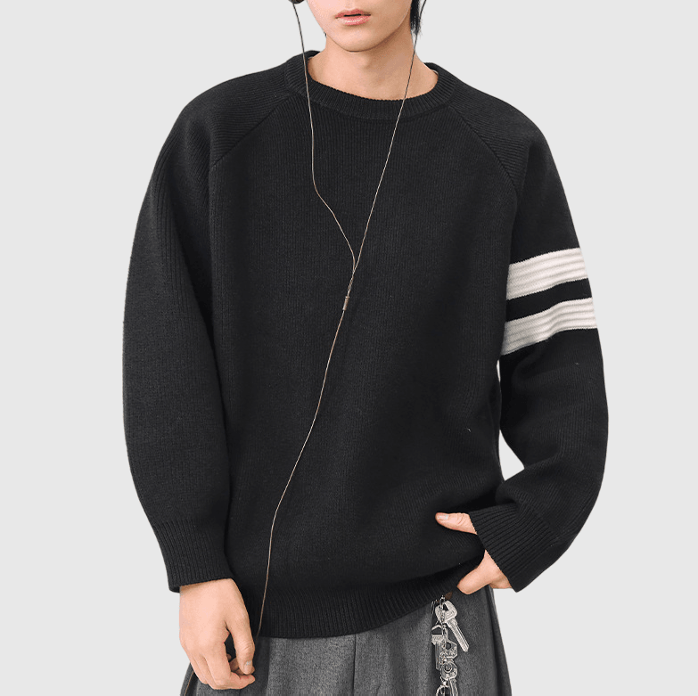 日系手袖條紋縫紉 圓領針織毛衣 [SBK-1128]