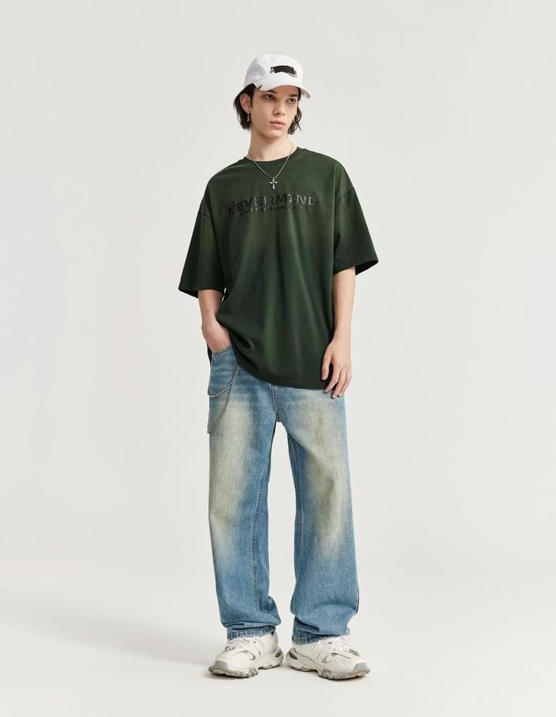 復古層次文字印燙 洗水漸變純棉短袖 T-Shirt [CBT-1269]