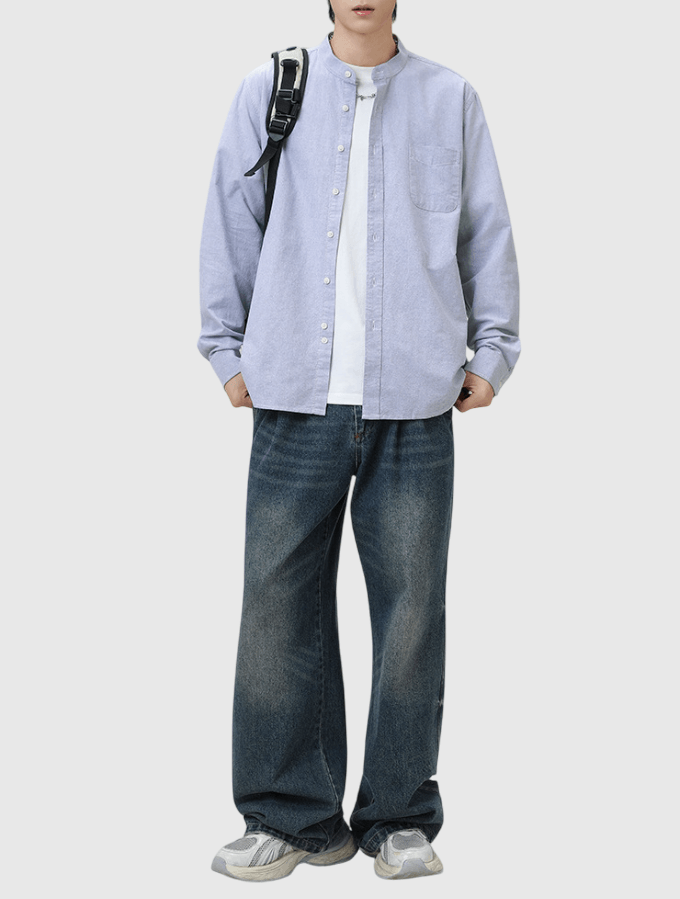 日系基礎前袋設計 純棉立領長袖恤衫 [SBS-1372]