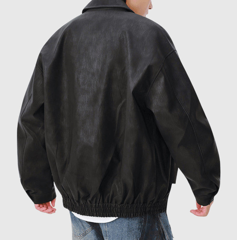 日系基礎輕水洗紮染雙側袋設計 長袖皮革外套 [SBO-1476]