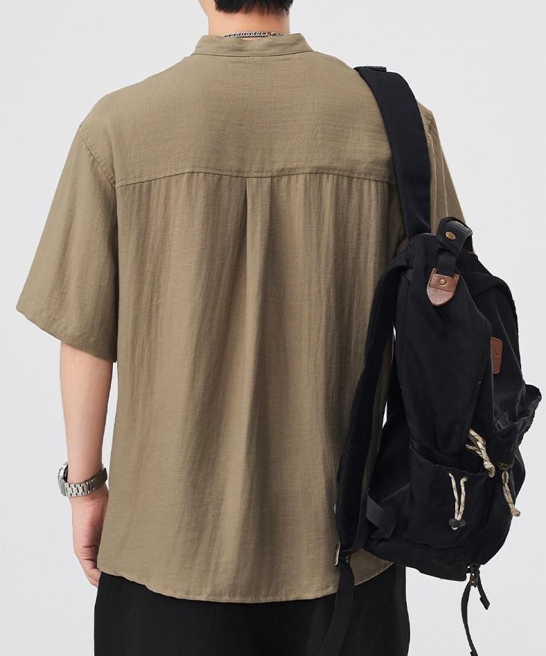 復古前袋設計 亨利領麻質透氣短袖 T-Shirt [SBT-1450]