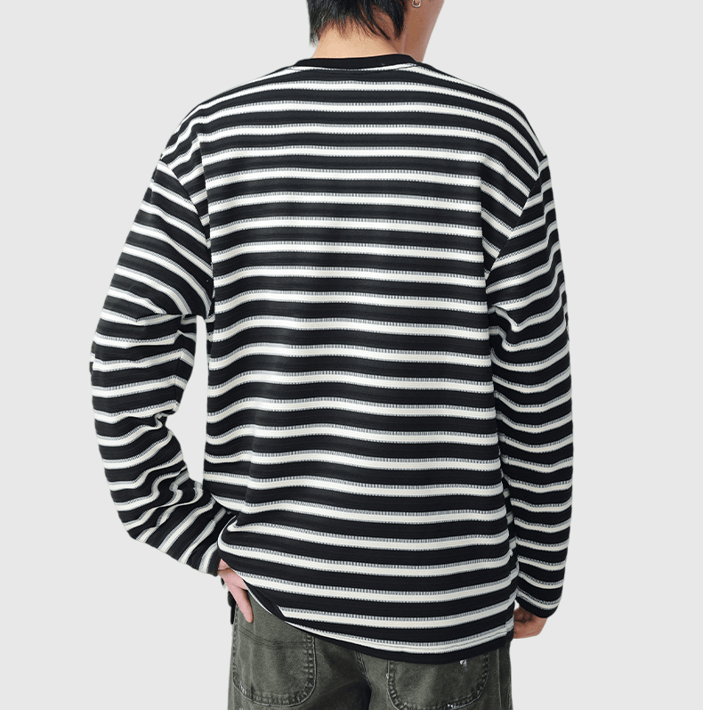 復古橫間條紋撞色立體編織 長袖 T-Shirt [SBT-1455]