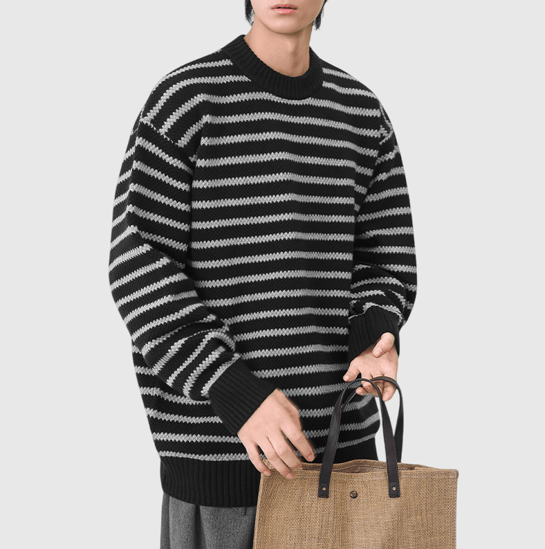 日系復古橫間條紋撞色 圓領針織毛衣 [SBK-1120]