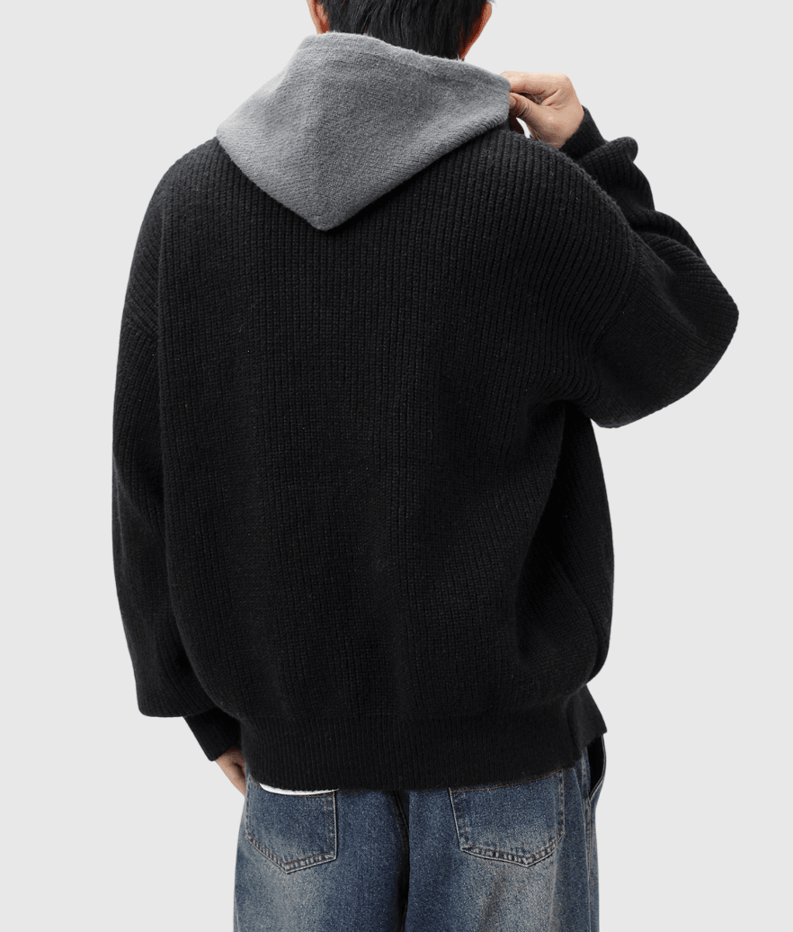 日系撞色層次假兩件式 粗線針織長袖外套 [SBO-1420]