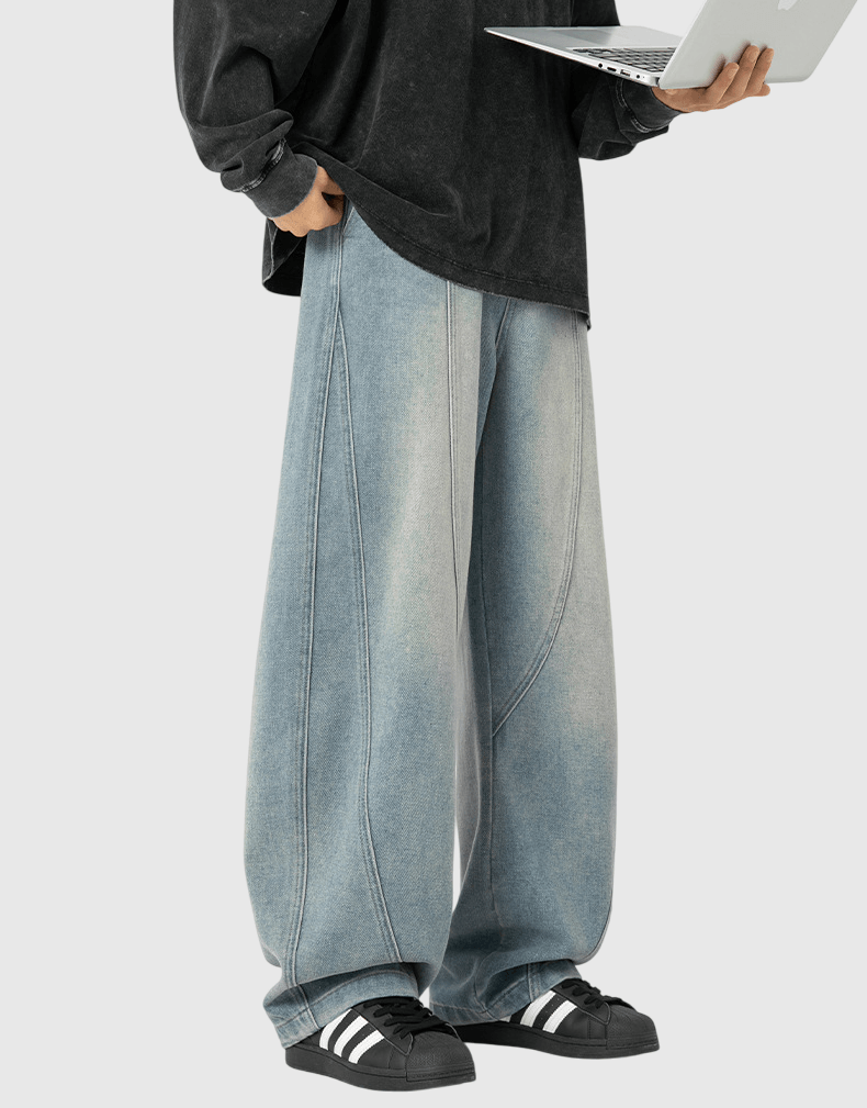 復古洗水立體縫線設計 闊腳牛仔直筒長褲 [SBP-1189]