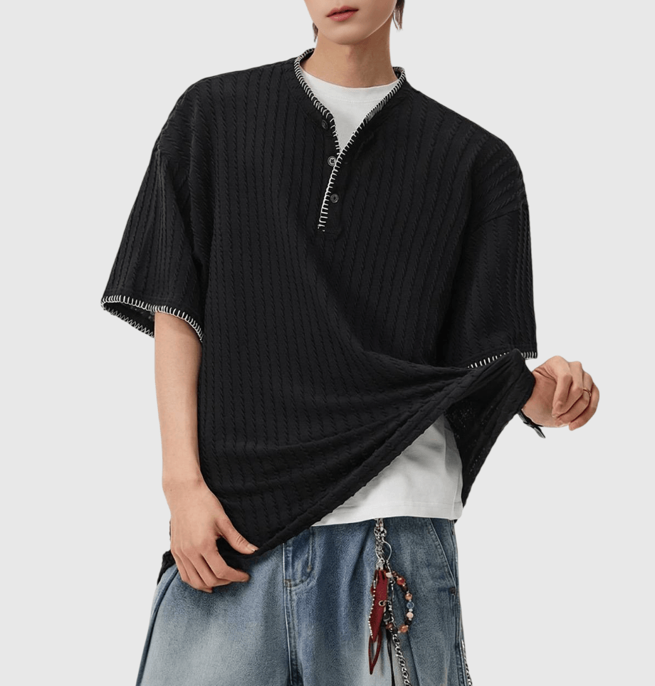 日系領口撞色手工縫線設計 半開領鈕扣短袖 T-Shirt [SBT-1481]