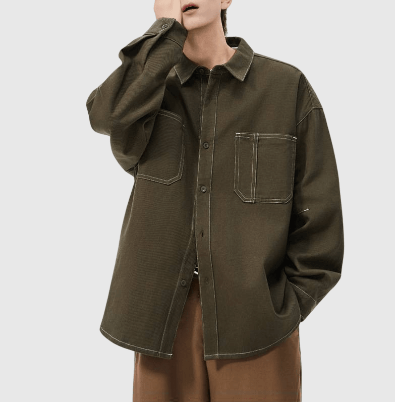 日系輕復古雙設計前袋縫紉 純棉長袖恤衫 [SBS-1207]