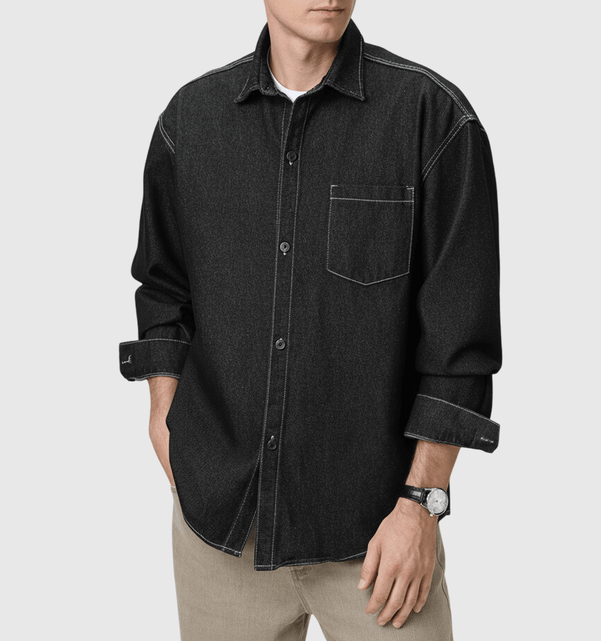 復古基礎前袋原色牛仔 純棉水洗長袖恤衫 [SBS-1346]