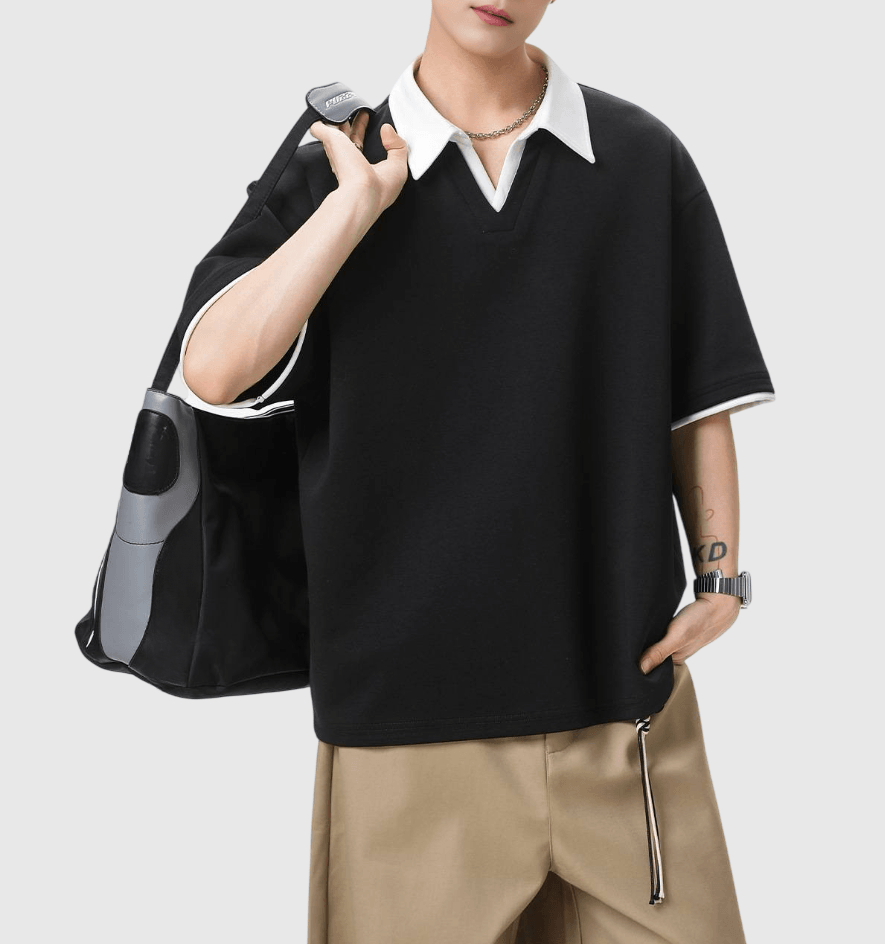 日系假兩件式縫線撞色 V 領設計 短袖 POLO T-Shirt [SBT-1503]