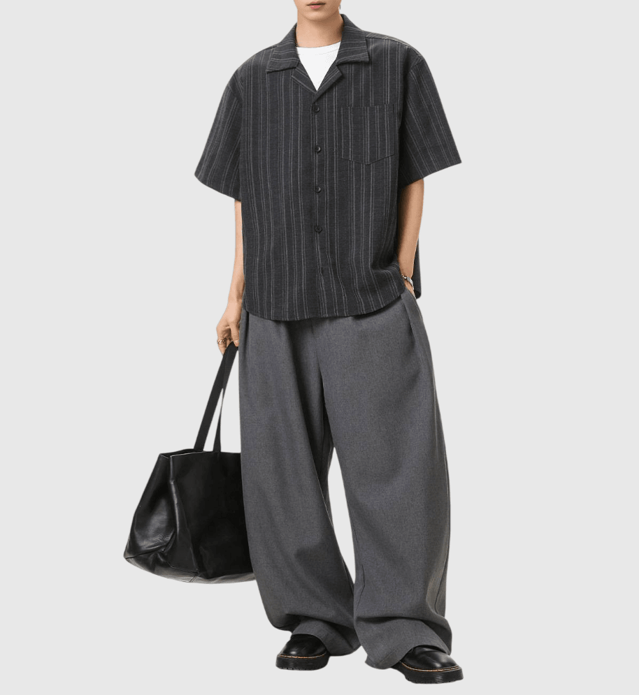 復古垂直條紋編織 垂感短袖恤衫 [SBS-1385]