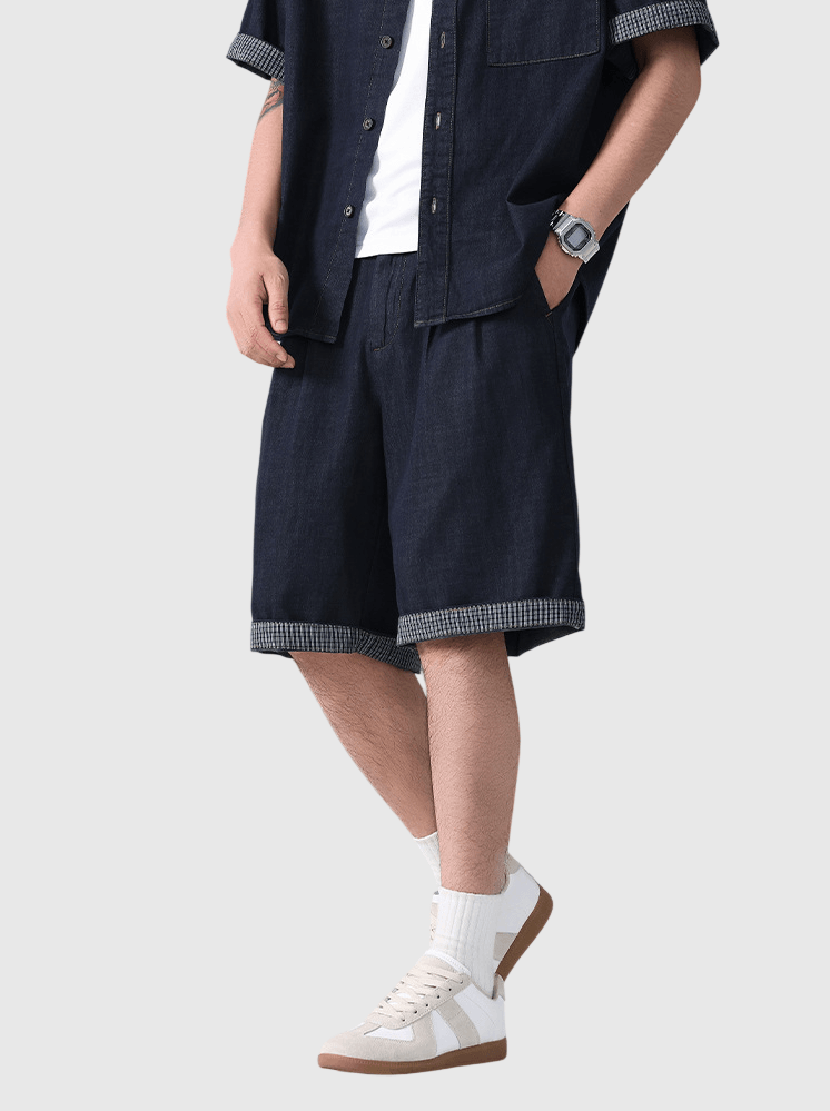 日系褲腳格紋縫紉設計 牛仔短褲 [SBST-1164]