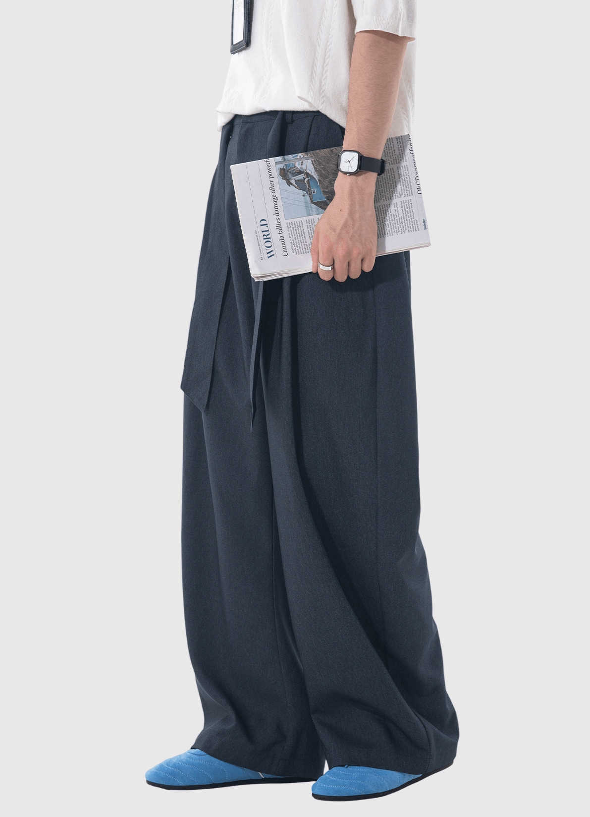 日系基礎闊腰繩設計 仿牛仔布闊腿直筒垂感長褲 [SBP-1203]