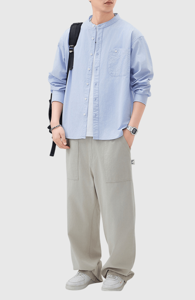 日系不規則鈕扣前袋 純棉長袖恤衫 [SBS-1371]