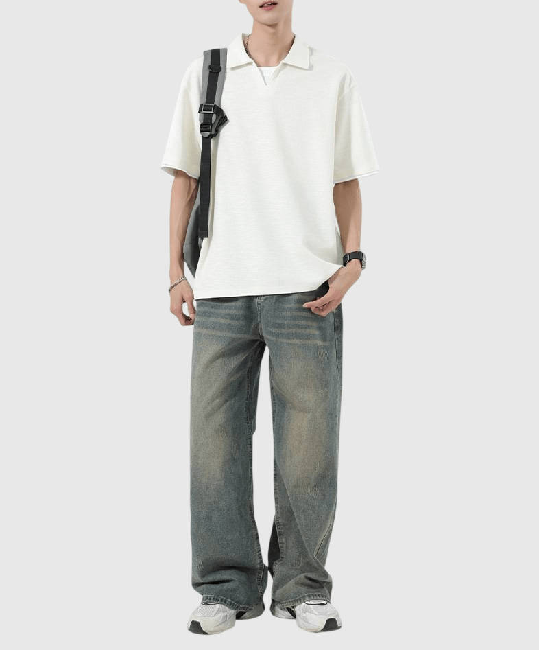 日系基礎假兩件式 V 領設計 天竺棉短袖 POLO T-Shirt [SBT-1499]